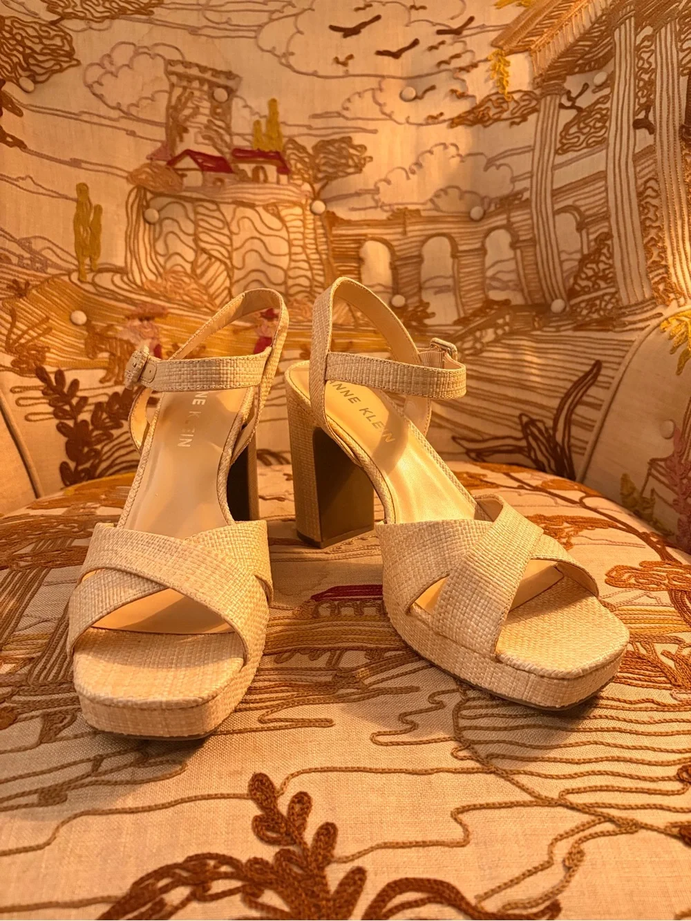 Anne Klein cream Woven Block Heel Sandals